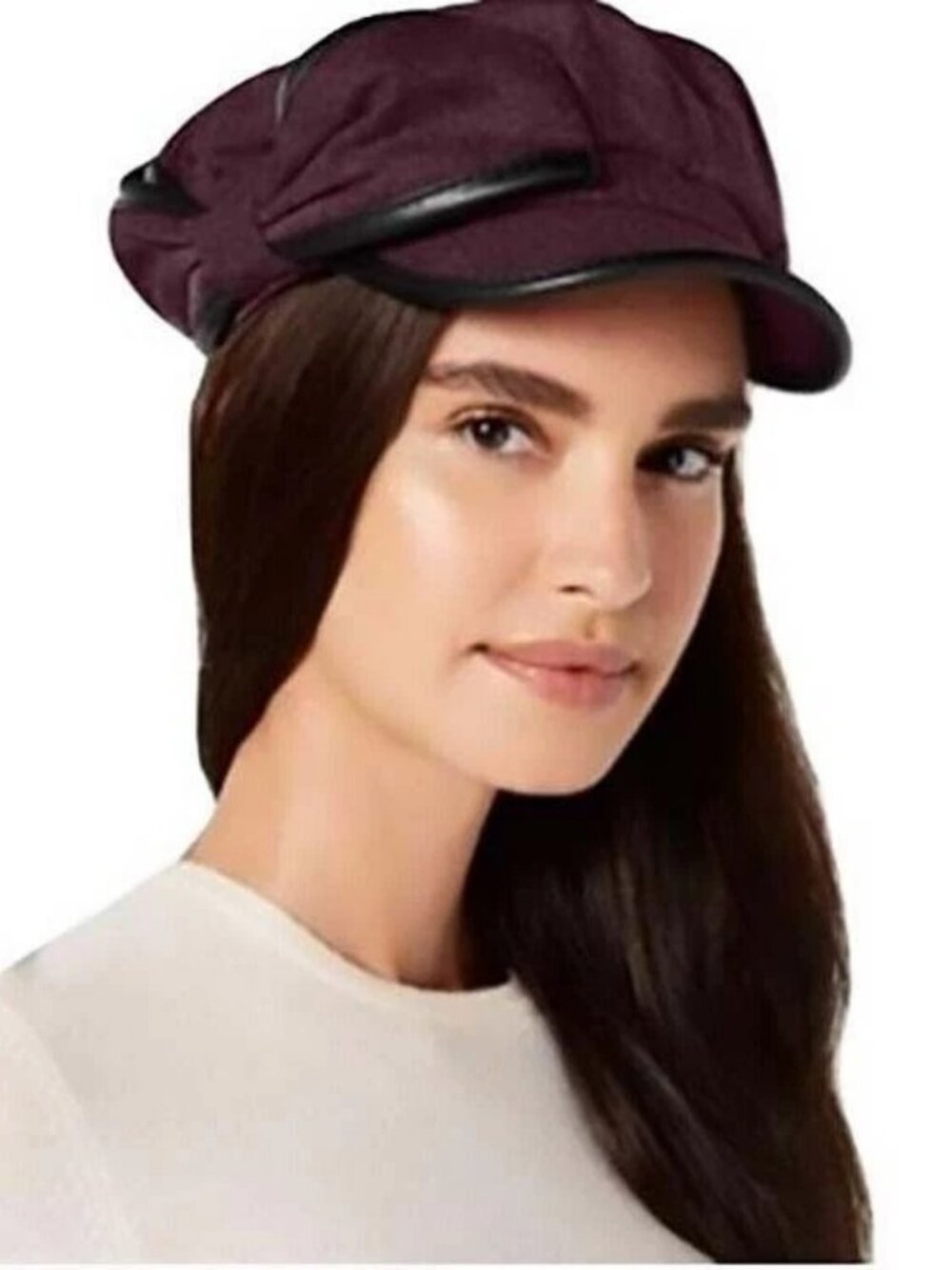 I.N.C. Women's Flannel & Faux-Leather Newsboy Cap, WINE, One Size